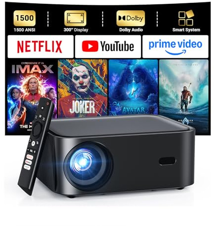 1500 ANSI lumens built-in streaming app full HD smart projector, HAPPRUN 4K projector, supports Wi-Fi and Bluetooth, Dolby audio, 300-inch large screen, suitable for home, outdoor, and indoor viewing