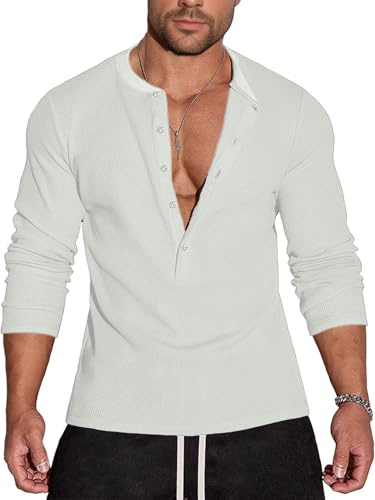Agilelin Chemise Gaufré à 5 Boutons pour Homme,T-Shirt Henley Élégant,Manches Longues,Tee Unies Classique（White/L）