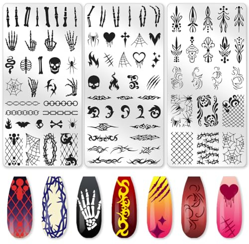 beinkmake 3Pcs Bone Skull Nail Stamping Plate Set Halloween Skeleton Gothic Nail Stamp Templates Cobweb Bat Thorns Metal Reusable Tools with Stamper Scraper for Manicure Printing