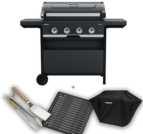 Campingaz Class 4 Select L Barbecue Gaz Combo avec grille de gril supplémentaire, housse, ustensiles, chariot BBQ gaz, 4 brûleurs en acier inoxydable, couvercle avec thermomètre, InstaClean, 12 kW