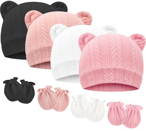 DRESHOW Bonnets de Naissance et Moufles de Protection Bébé Gants Bonnet Nouveau-né Bambin Doux Mignon Tricoté Chapeau 0-6 Mois, Taille Unique,4 Sets: Bear Ears Hats & Mittens 06UK