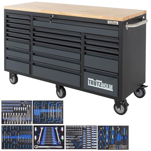 TRUTZHOLM Werkstattwagen Werkzeugwagen Deluxe XXL 20 Schubladen gefüllt 254 TLG. CRV 160 x 91 cm mit Werkzeug wie Schraubenschlüssel, Ratschen Zangen usw. in Soft Inlays in Carbonoptik Anthrazit