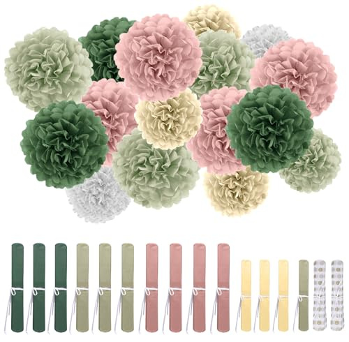 16 Pièces Pompons en Papier de Soie Vert Sauge, Pompons en Papier Verts Olive Sauge, Fleur Pompon Vert Ivoir pour Anniversaires, Fêtes Prénatales, Mariages, Fiançailles, Fêtes de Fin D'études