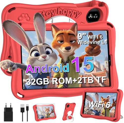 SUAAT Tablet infantil de 9 pulgadas Android 15 con 30 GB ROM+TF 2TB, 5G WiFi, Octa-Core, Widevine L1, GPS, Face ID, protección infantil, 5000 mAh, 1340 x 800, BT 5.0, Tablet para niños con funda EVA