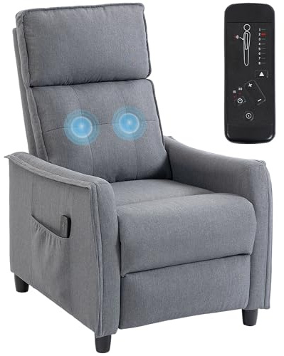 HOMCOM Poltrona Massaggiante Reclinabile Manuale 160°, 2 Punti di Massaggio Vibrazione e Poggiapiedi, Poltrona Relax Imbottita Effetto Lino con Telecomando con Filo, Tasche Laterali, Grigio Chiaro