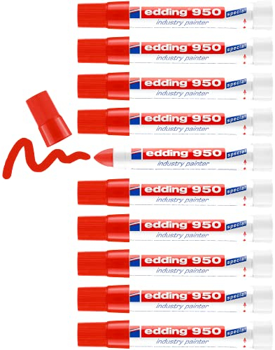 edding 950 Industrie Pastenmarker - rot - 10 Stifte - Rundspitze 10 mm - Marker zum Beschriften von Metall, Stein, Holz - raue oder nasse Oberflächen - permanent, wasserfest