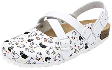 CLINIC DRESS Clog - Clogs Damen weiß bunt Motiv. Schuhe für Krankenschwestern, Ärzte oder Pflegekräfte weiß/schwarz, Schäfchen 41