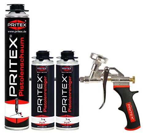 PRITEX – Bauschaum Set aus 1 x 750 ml Pistolenschaum inkl. 2 Pistolenreiniger 500 ml und Schaumpistole – Montageschaum zum Verfüllen, Dämmen & Abdichten – PU-Schaum mit hervorragender Wärmedämmung