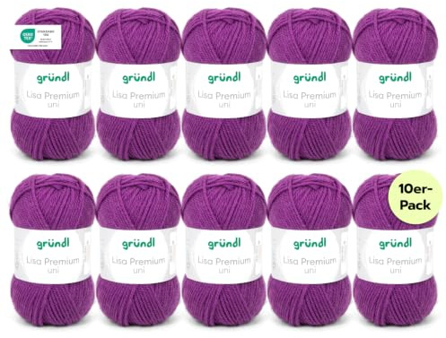 Gründl Lisa Premium Uni stick- och virkgarn (mjuk och ulliknande karaktär, lättvårdat tvättbart stickgarn tillverkat av 100% polyakryl, 50 g/133 m, nåltjocklek: 3,5 – 4,5, 10 nystan á 50 g), lila