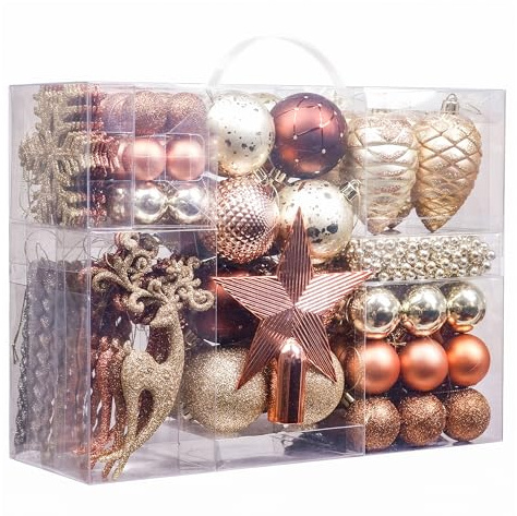 Valery Madelyn 100pcs Boules de Noël Cuivre et Doré pour Décoration, Déco de Sapin de Noël à Suspendre, avec Etoile de Cime d'arbre Noel Plastique,Paillette Mat Brillant,Peinte à la Main,3-15cm