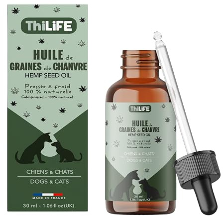 Thilife – Huile de Graines de Chanvre pour Chiens & Chats Adultes – Nature – Oméga 3-6-9 – Vitamine E – Pipette – 30 ML – Fabriqué en France