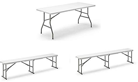 KG KITGARDEN - Mesa Plegable Multifuncional, 180x74x74cm, Blanco, KG Folding 180 2 Bancos Plegable Multifuncional, 180x28x43 cm, Blanco, Folding BC180