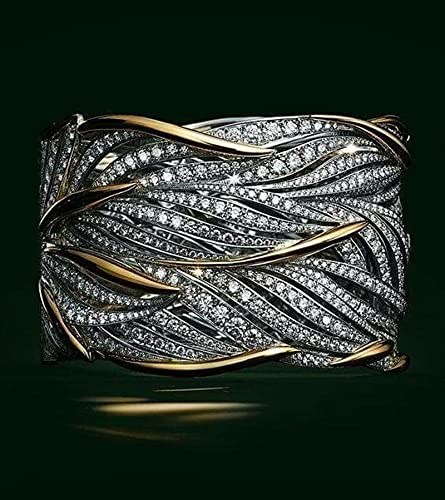 ZXCM Anillo de Plumas de Ala de Banda Grande Color Oro y Plata para Mujer - Joyería de Moda de Compromiso y Boda Con Circón S925
