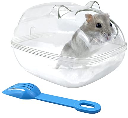 Andiker Baño de hámster, Contenedor de baño de Arena de hámster Transparente Bañera para Mascotas pequeñas Sauna Inodoro Baño con Pala Caja de baño de hámster para hámster Sirio Jerbo Ratas (M)