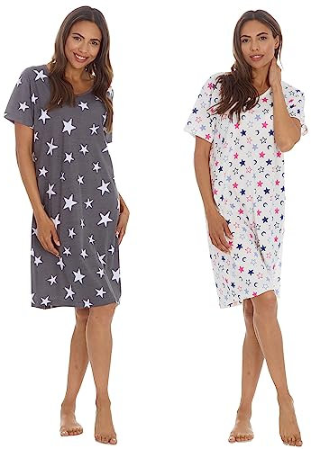 INSIGNIA Womens Pack of 2 Short Sleeved Cotton Blend Jersey Nightshirts Nighties (Cream & Grey Stars, 16-18)