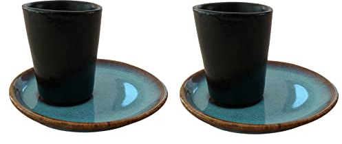 PintoCer - Juego de Tazas para Café Espresso en Ceramica de Gres Negro sin Asa con Platillo Azul, 2 Unidades (Paquete de 2)
