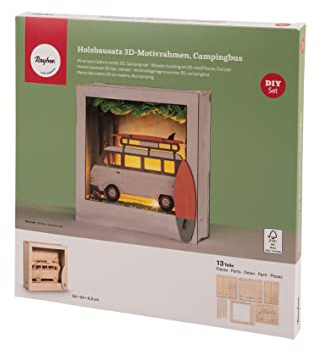 Rayher Holzbausatz 3D-Motivrahmen mit Campingbus, FSC zertifiziert, natur, 24 x 24 cm, Tiefe 6,5 cm, 13teilig, zum Basteln und Bemalen, 64512505