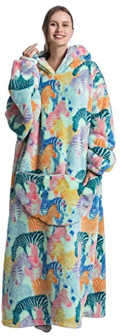 Extra Long Wearable Blanket Hoodie, Oversized Sweatshirt for Women and Men, Super Warm and Cozy Giant Hooded Blanket with Thick Flannel Sleeves and Giant Pocket (Zebra)