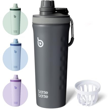 bottlebottle BOTTLE BOTTLE Shaker Edelstahl Trinkflasche 26oz mit Mischkugel – Protein Shaker für Eiweiß & Fitness, BPA-frei, doppelwandig, auslaufsicher, Sportflasche (Grau)