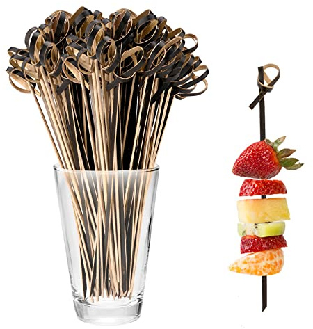 Bekecidi Palitos de Cóctel de Bambú, 100 Brochetas de Nudo de Bambú, Mini Picas de Alimentos, Palillos de Frutas, Palillos de Bambú para Bebidas, Canapés, Aperitivos, Fiesta 12 cm (Negro)