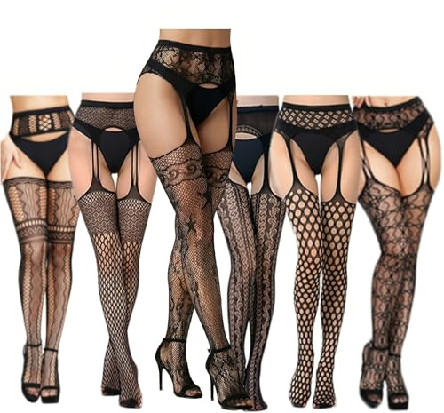6pcs Suspender Tights for Women, Stocking Tights That Look Like Stockings, Thigh High Stockings & High Waisted Suspenders for Women, Bumless, Black Underwear for Valentine's Day or Goth Tight
