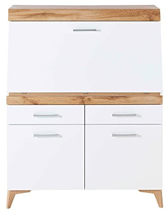 Lomadox Sekretär in weiß mit Eiche Altholz Nb., B/H/T ca. 98/124/42 cm