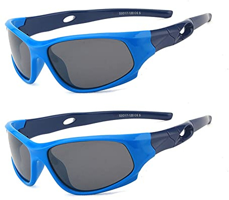 2-pack barnsolglasögon med glasögonband polariserade sportglasögon för pojkar och flickor ålder 3–12, med solglasögon väska, Blå + blå, Medium