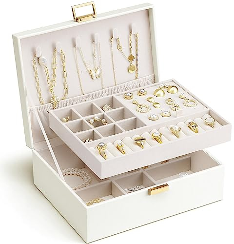 VLANDO Jewelry Box for Women, Gift for Women Girls,2 Layer Jewelry Box,Large Jewelry Organizer for Women Removable Jewelery Tray for Necklace Earrings Rings(Cream White)