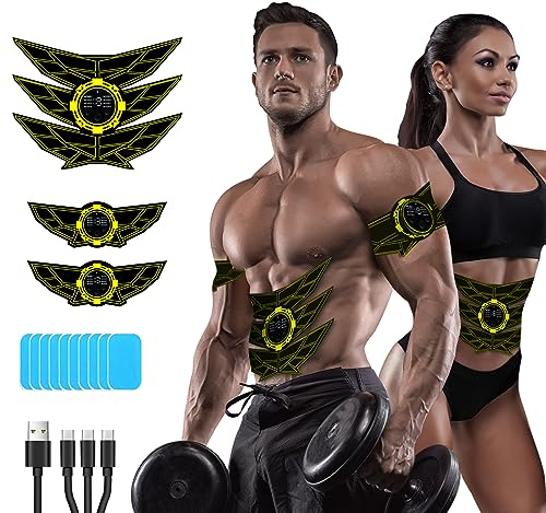 SEVEKO EMS Bauchmuskeltrainer Bauchtrainer, Bauchmuskeltrainer, Sicher Effektiv Schneller EMS Trainingsgerät, Ganzkörper-Muskeltrainer, 8 Modi und 15 Intensitäten, 10 Stück Ersatz-Hydrogels (Gelb)