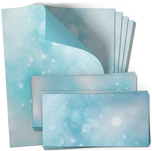 50 Briefpapier und Briefumschlag SET | Blau Hellblau Türkis Wolken | Papier und Umschlag mit Design-Motiv bedruckt | 90 g/m²