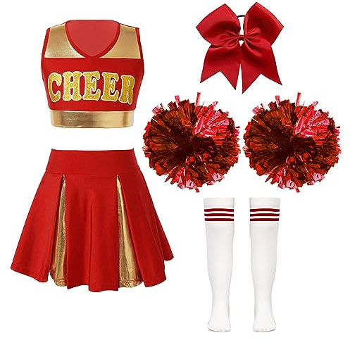 ranrann Enfant Fille Déguisement Pompom Girl Déguisement Uniforme avec Pompons Costume Carnaval Halloween Performance 3-16 Ans A Rouge 9-10 Ans
