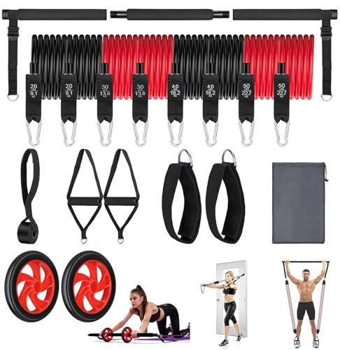 HSYFUNA Fitnessbänder Pilates Bar Set mit 8 Widerstandsbänder 20/30/40/50 lbs, Resistance Bands Set mit Stange, Griffe, Türanker, Fußschlaufen, Tragbarer Handtasche, für Indoor Home Gym und Outdoor