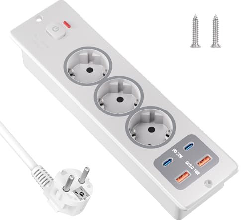 JACEPFY Einbausteckdose 3-Fach Tischsteckdose mit 2 PD20W USB C und 2 USB A, Versenkte Steckdose mit Schalter und 2M Kabel für Möbel Küche Tischplatte, weiß