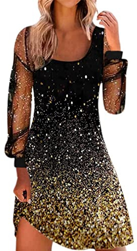 Femmes Mode Robe - Robe Année 80 Robe Sexy à Paillettes pour Femme Tempérament Chic Short Robes Manches Longues Sequin Beaded Fringed Dress pour Robe Soiree Paillette