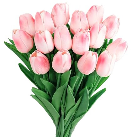 FAINCA15 Pièces Tulipe Artificielle, Longueur 34 cm Touche Réaliste Tulipe Bouquet De Fleurs, Tulipes Artificielles, pour Bouquet De Mariage, Saint-Valentin (Rose DéGradé)