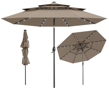 COSTWAY Ombrellone da Patio 313 cm con 32 Luci LED, Tetto Ventilato a 3 Piani, Inclinazioni Regolabili, Manovella, 8 Stecche, Ombrellone da Giardino, Piscina, Spiaggia (Marrone)