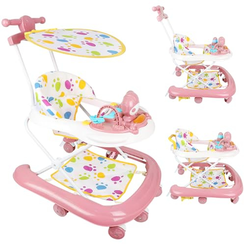 Homewell 3-i-1 baby gåvagn vikbar, höjdjusterbar, gåstol baby med avtagbar lekstation & skjuthandtag och soltak och musik och fotstöd, från 6 månader (rosa)