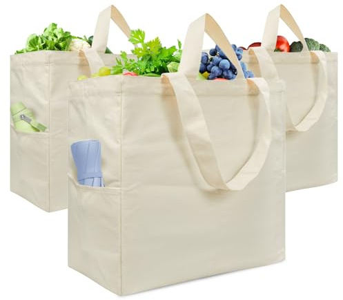 Dwscroad Canvas Tote Bag, Heavy Duty Reusable Grocery Bags with Pockets, Large Shopping Bags (3 Pack)