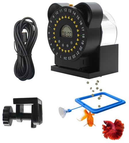 YQMIGU Comederos de peces para acuarios con pantalla LCD, alimentador automático USB, hasta 24 alimentaciones al día, con recipientes de alimentos de 280 ml de capacidad, anillo de alimentación de