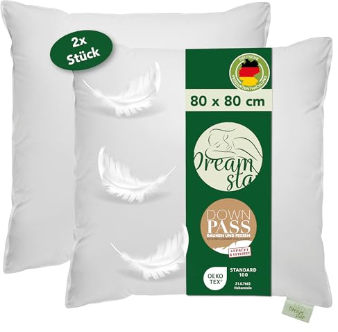 DREAMSTAR Dunkudde 80 x 80 cm [set om 2] | 3-kammare dunkudde | kudde 80 x 80 dun och fjädrar | kudde Oeko-TEX | Högsta hotellkvalitet | lämplig för allergiker