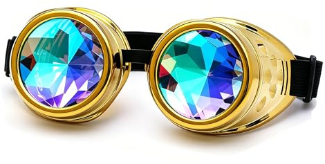 TINAYAUE Lunettes Steampunk Look Kaleidoscope, Lunettes cospaly pilotte Effet Cristal, Finition Métallique ABS, Accessoire Cosplay pour Festival Rave, Halloween, Soirée à Thème