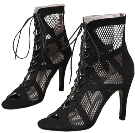 Bottines à Talon Aiguille Femme en Résille Hexagonale Lacages Croisés Frontaux Fermeture Zip Arrière Bout Ouvert Escarpins Élégants pour Danse Latine Soirée Cocktail