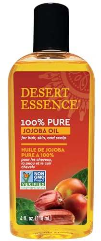 Desert Essence 100% Pure Jojoba Oil – 4 Fl Oz Moisturizer for Hair, Skin & Scalp | Makeup Remover & Aftershave Hydrator, Non-GMO, Vegan, Cold-Pressed, Anti-Flakiness & Non-Clogging Beauty Elixir