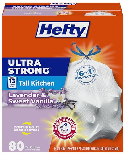 Hefty Ultra Strong 13 Gallon Trash Bags, Tall Kitchen Trash Bags 13 Gallon Size, Drawstring Closure, Continuous Odor Control, White, Lavender and Sweet Vanilla Scent, 80 Bags