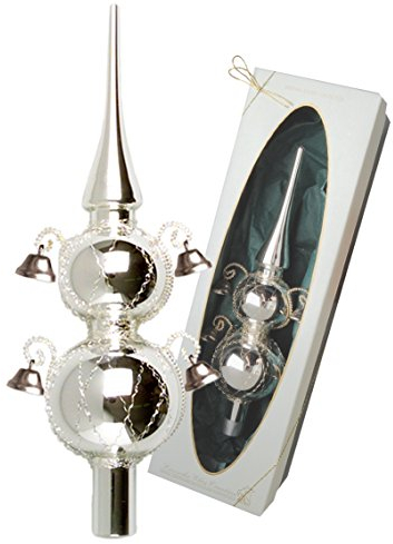 Christbaumspitze Silber glänzend mit Dekor und Glöckchen, 29 cm in hochwertiger Geschenkbox