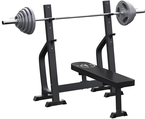 GORILLA SPORTS® Hantelbank - mit Gewichten, Ablage, Hantelset 130kg, Olympia Langhantelstange 50mm, 12 Hantelscheiben Gusseisen Tri-Grip - Drückerbank, Flachbank, Trainingsbank, Langhantelset, Fitness