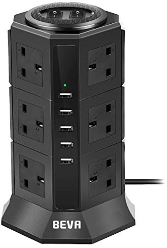 Tower Extension Lead, BEVA Multi Plug Socket 12 Way Outlet Surge Protector Power Strip Electric Charging Station with 5 Smart USB Charger(5V/4.5A), 2M Extension Cords for Home and Office