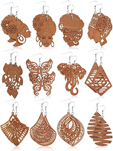 12 Pairs African Wooden Earrings for Women Stylish Style