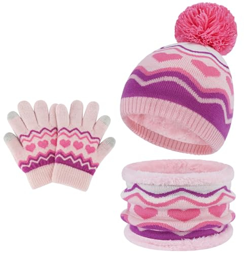 Bequemer Laden Invernale Bambino Berretto Cappello con Pompom Sciarpa ad Anello e Guanti, Termici Cappelli Berretti Scaldacollo in Maglia con Fodera in Pile per 2-7 Anni Bambina Bimbo