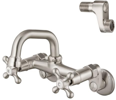 Airuida Brushed Nickel Wall Mount Kitchen Faucet 4 Inch(10cm) Spout Reach Wall Mount Laundry Sink Faucet Adjustable Center Double Cross Handles Mixer Tap 360 Rotatable Restaurant Faucet